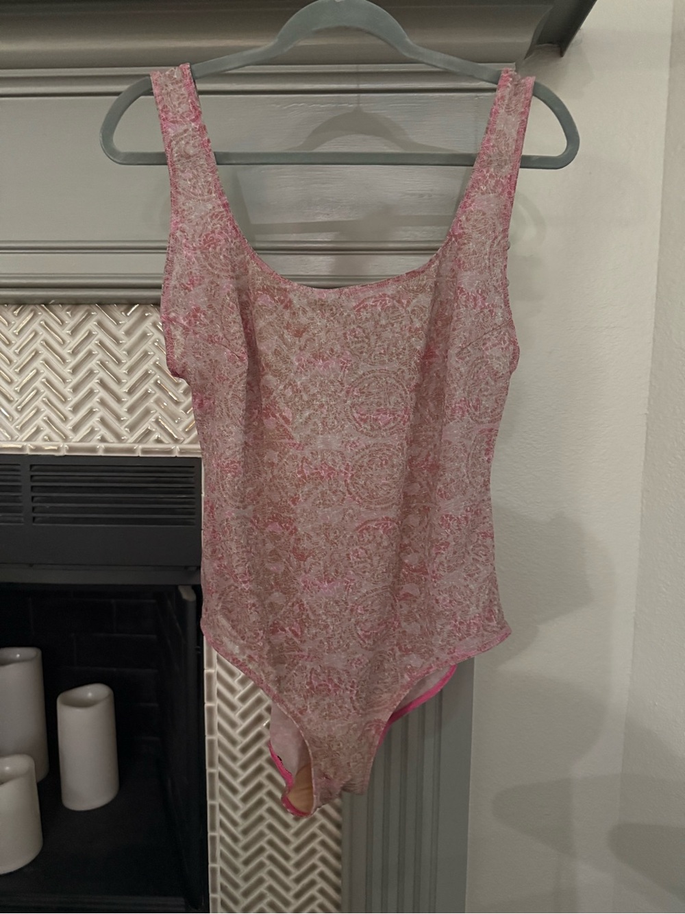 TAN THROUGH Pink Lace-Print One-Piece Swimsuit with Scoop Neck